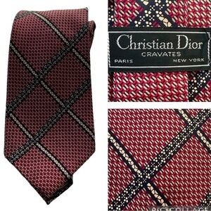 Christian Dior Carvates Vintage Tie Checkered Red & Cream All Silk 54” x 3.5”
